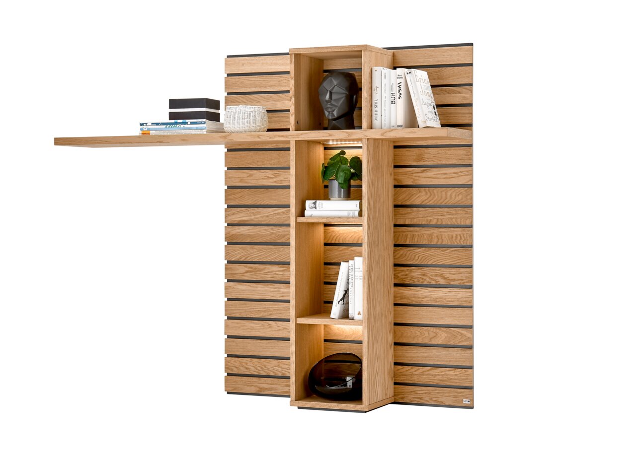 Set one by Musterring Hangpaneel zonder verspringing rechts SET ONE JACKSON Hängepaneel aus Holz mit Regalen, dekoriert mit Büchern und Pflanzen, seitliche Perspektive