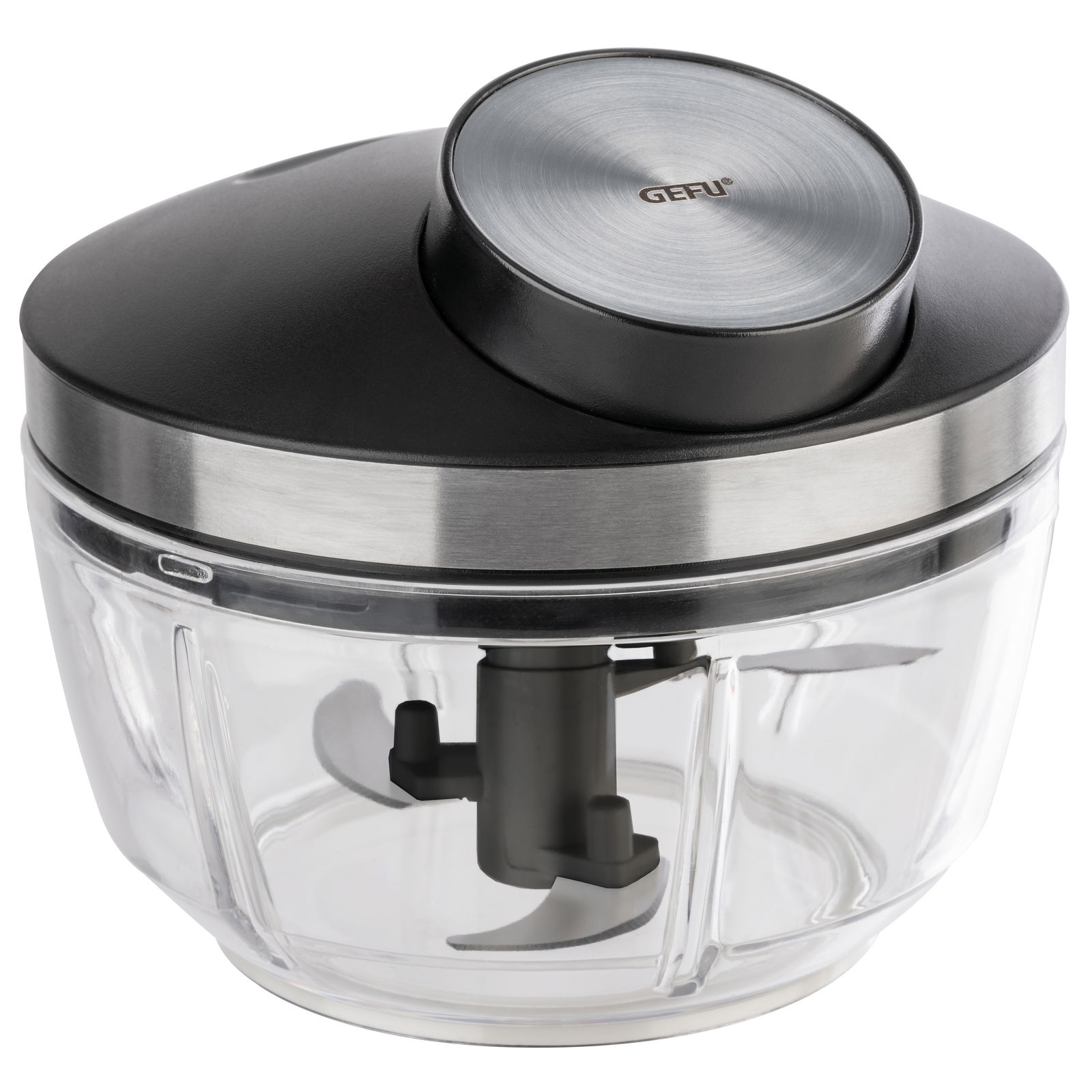 GEFU Multizerkleinerer ZIZO Multizerkleinerer ZIZO aus seitlicher Perspektive mit transparentem Behälter und schwarzem Deckel.