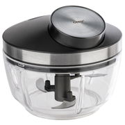 Multizerkleinerer ZIZO aus seitlicher Perspektive mit transparentem Behälter und schwarzem Deckel.