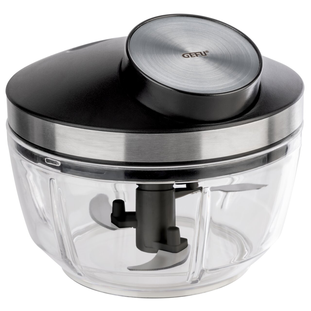GEFU Multizerkleinerer ZIZO Multizerkleinerer ZIZO aus seitlicher Perspektive mit transparentem Behälter und schwarzem Deckel.