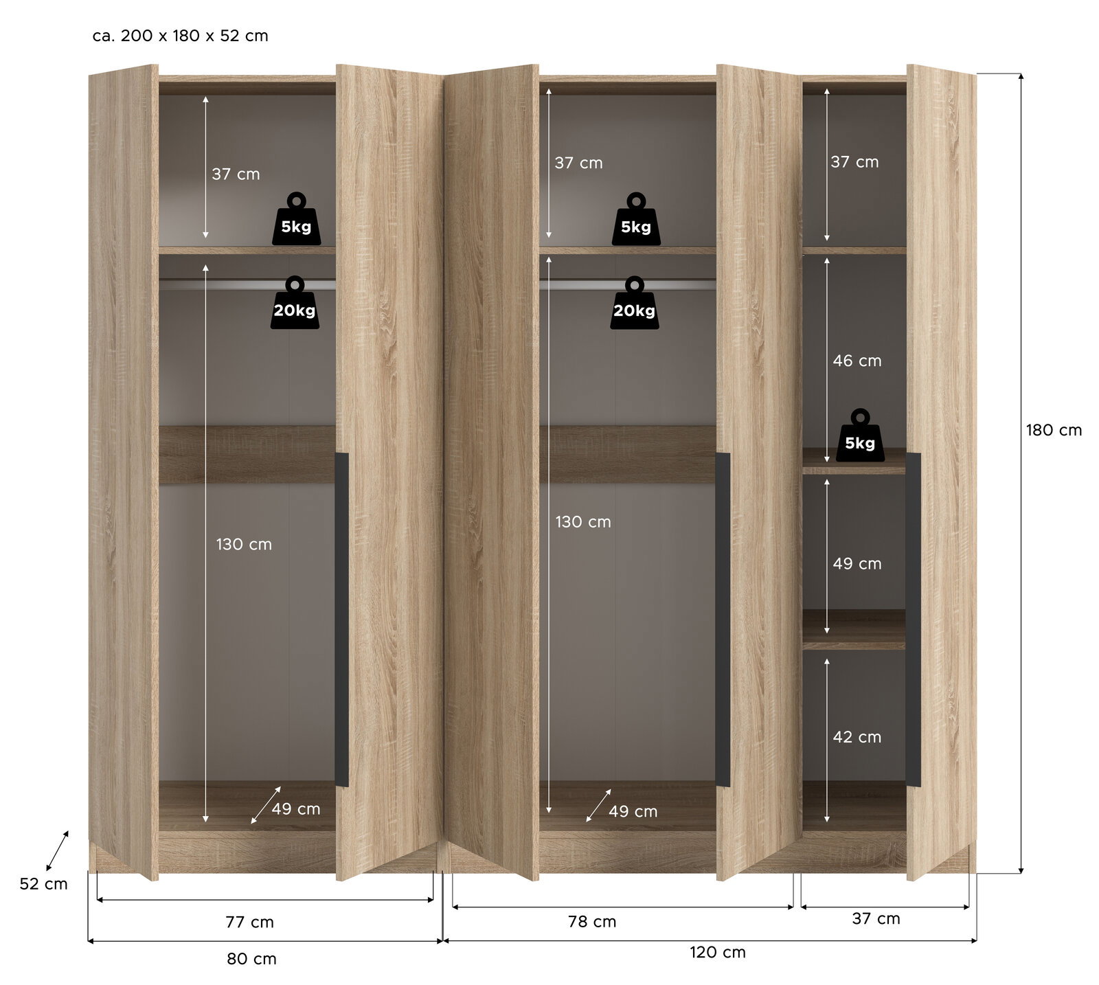 Offener Kleiderschrank in heller Holzoptik mit drei Türen, zwei Kleiderstangen und mehreren Fächern, Maßangaben ca. 200 x 180 x 52 cm, Frontansicht mit leicht schräg geöffneten Türen
