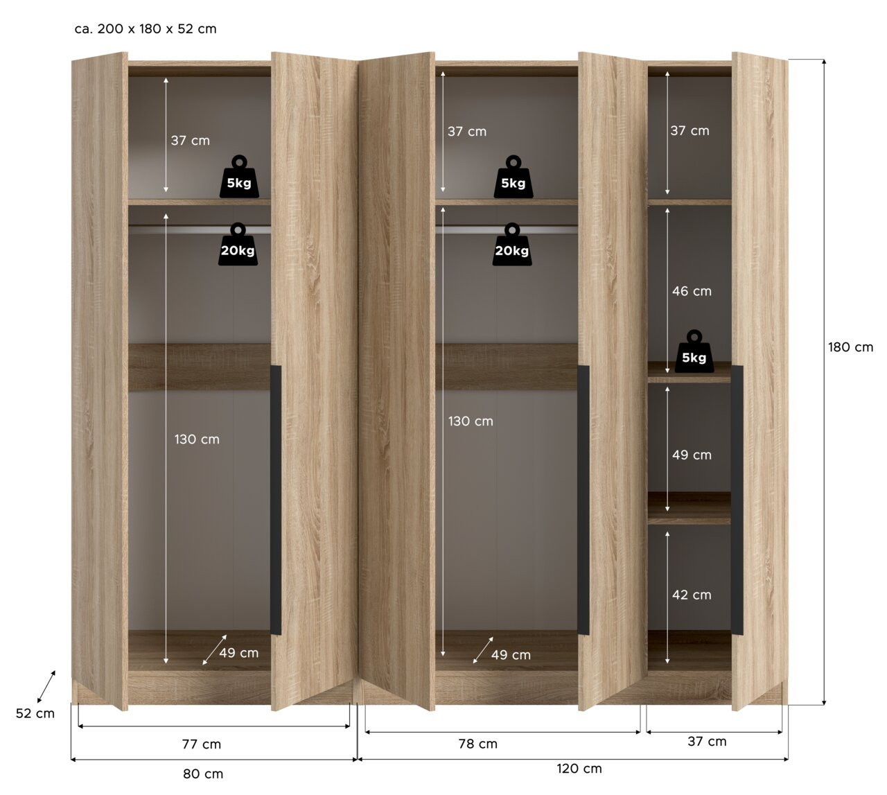 Offener Kleiderschrank in heller Holzoptik mit drei Türen, zwei Kleiderstangen und mehreren Fächern, Maßangaben ca. 200 x 180 x 52 cm, Frontansicht mit leicht schräg geöffneten Türen