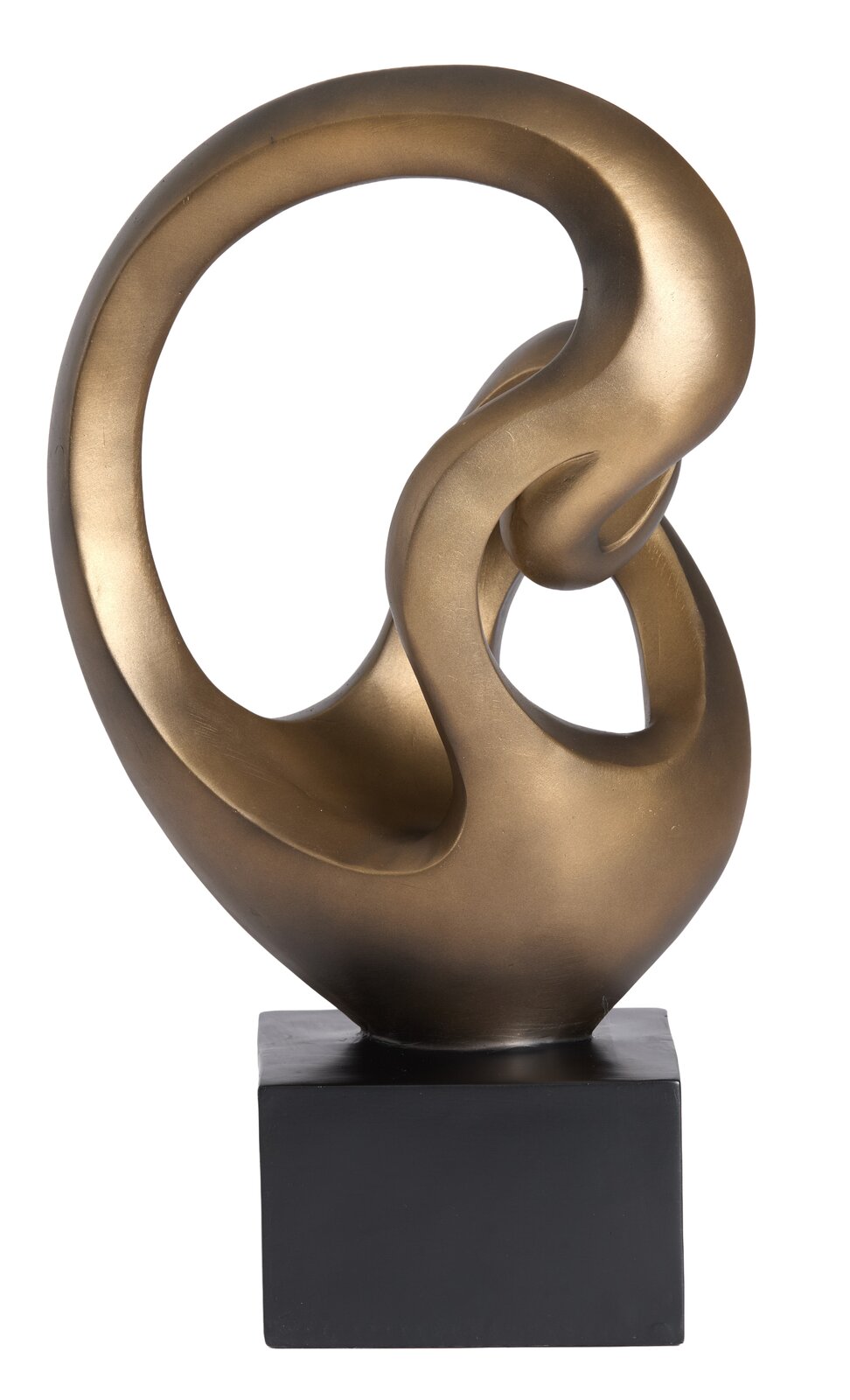 Abstrakte goldene Skulptur auf schwarzem Sockel, seitliche Perspektive