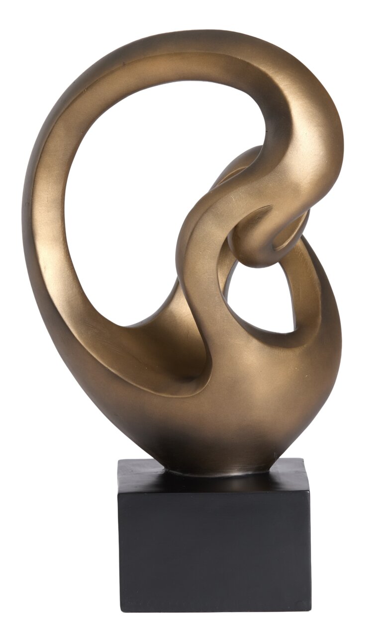 Abstrakte goldene Skulptur auf schwarzem Sockel, seitliche Perspektive