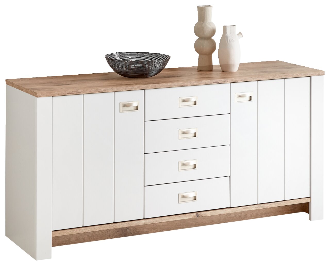 Hom´in Sideboard ETIENNE Modernes Sideboard mit weißer Front und Holzoberfläche, frontal betrachtet, dekoriert mit Vasen und einer Schale.
