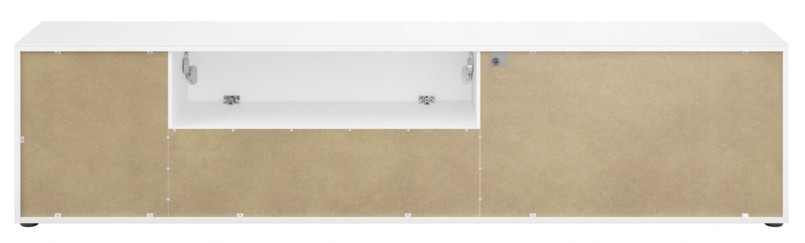 Frontansicht eines XL-TV-Lowboards mit weißem Korpus und beigen Türen.