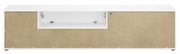 Frontansicht eines XL-TV-Lowboards mit weißem Korpus und beigen Türen.