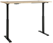 Moderner höhenverstellbarer E-Schreibtisch mit schwarzem Gestell und Holzplatte, seitliche Perspektive