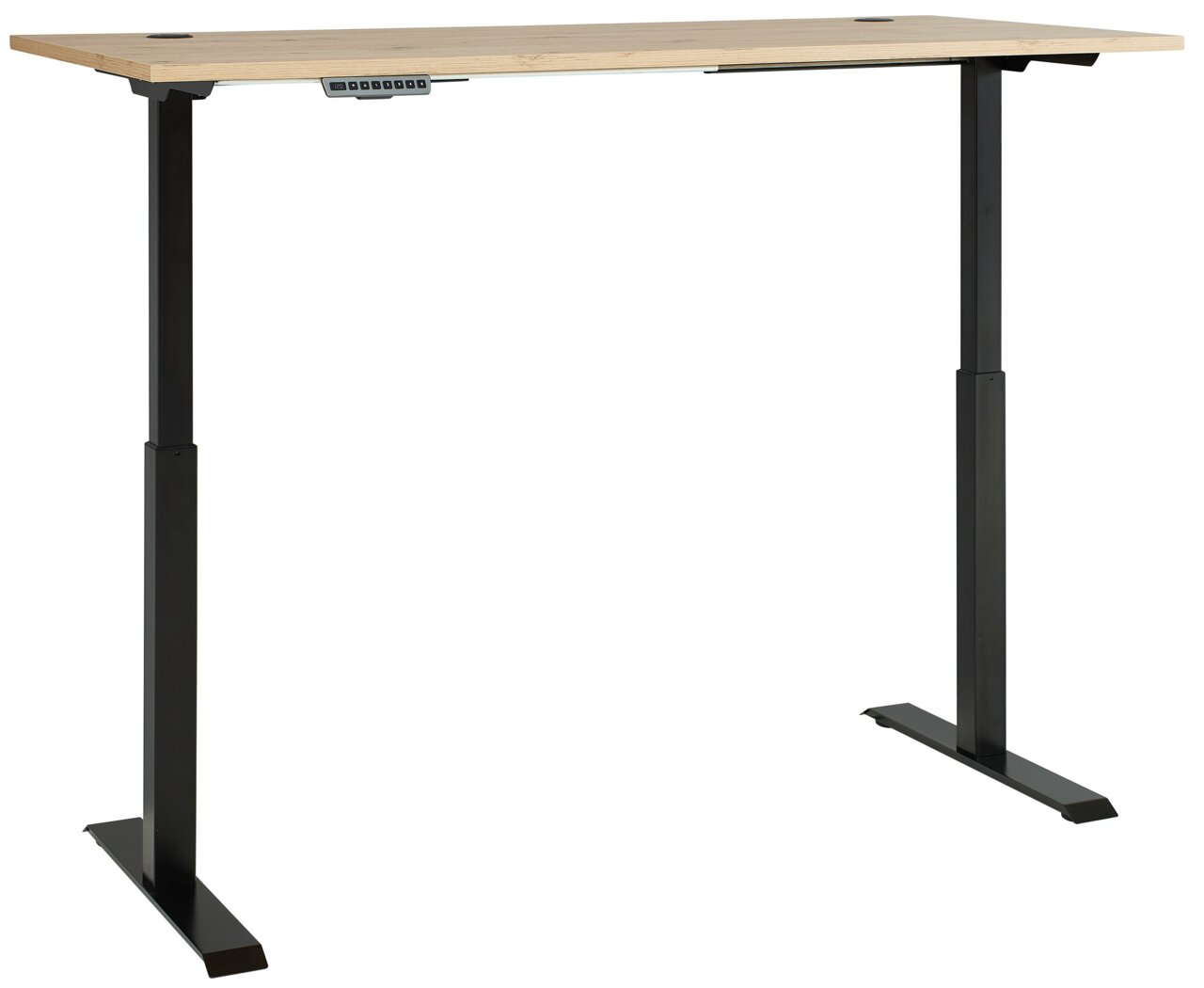Moderner höhenverstellbarer E-Schreibtisch mit schwarzem Gestell und Holzplatte, seitliche Perspektive