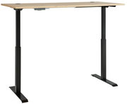 Moderner höhenverstellbarer E-Schreibtisch mit schwarzem Gestell und Holzplatte, seitliche Perspektive