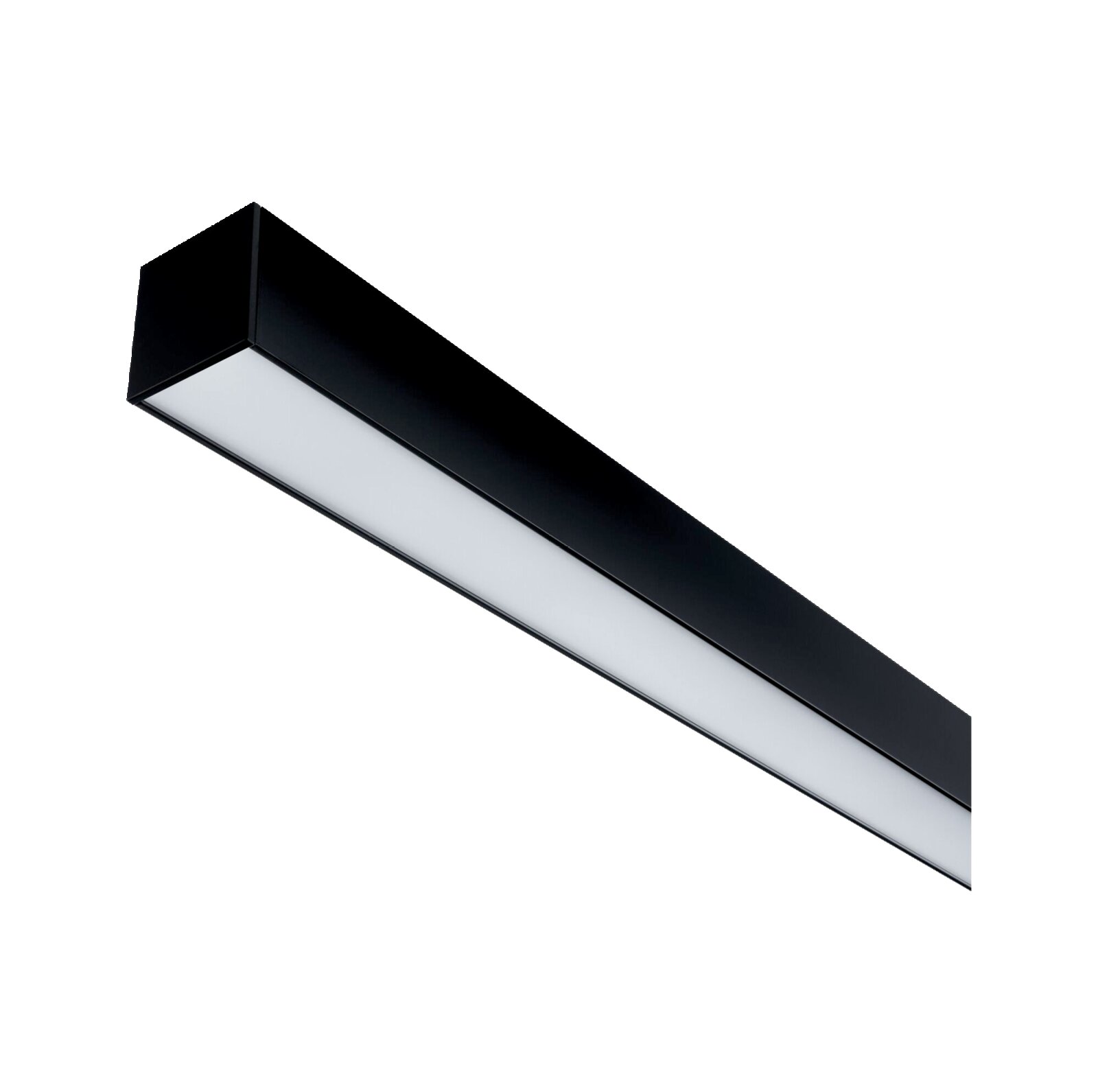 Schwarze, längliche LED-Deckenleuchte mit opaler Diffusorfläche, freigestellt auf weißem Hintergrund, schräg von unten in perspektivischer Ansicht gezeigt