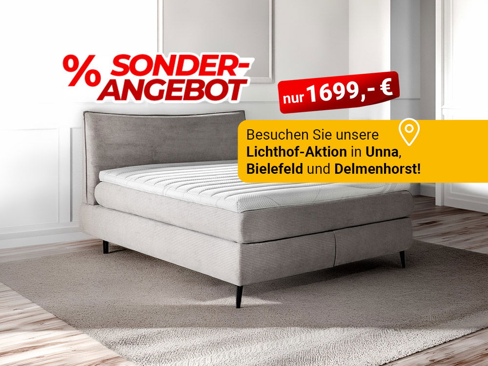 Modernes Polsterbett im hellen Schlafzimmer, beworben als Sonderangebot für 1699 €