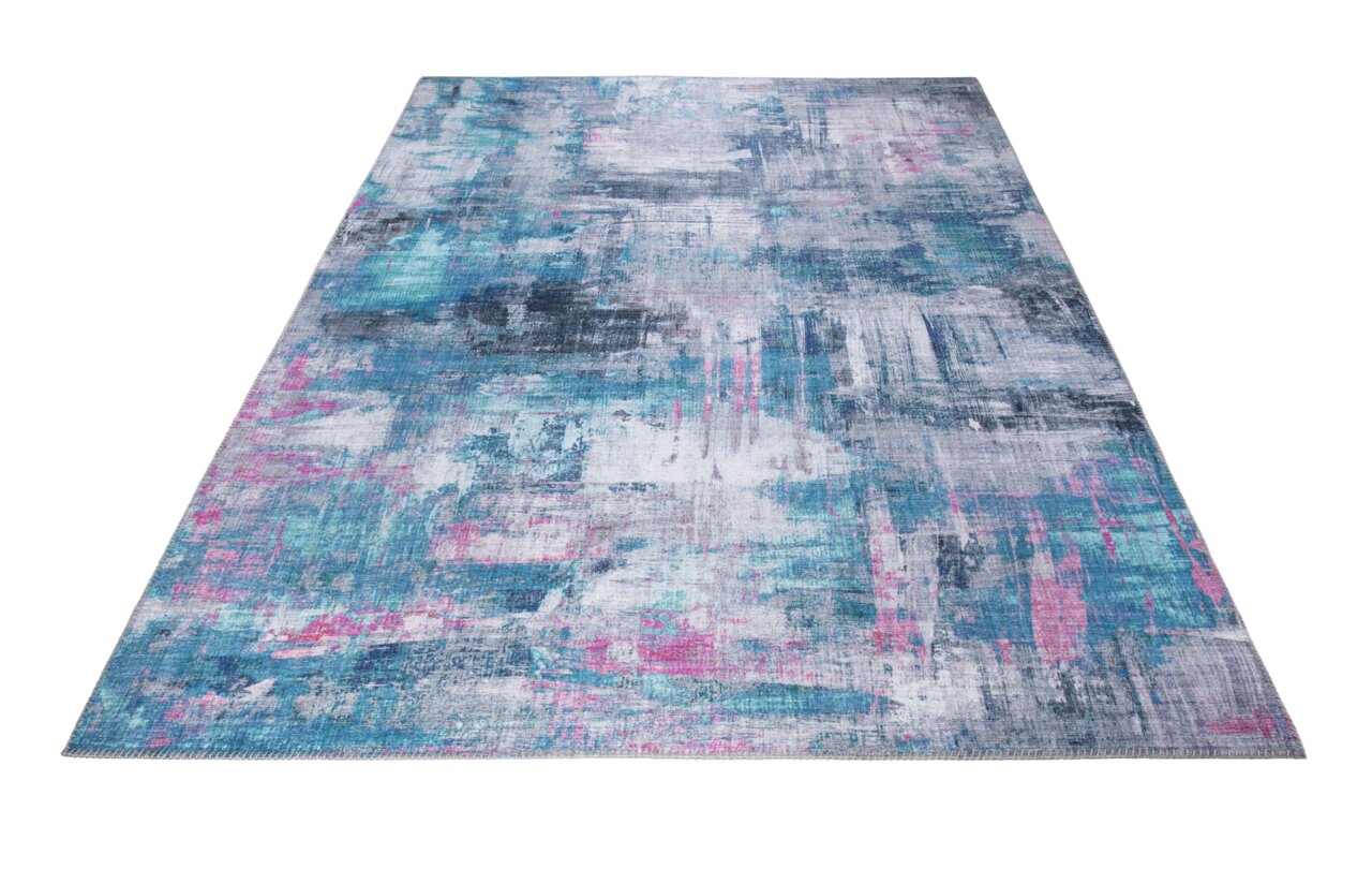 Moderner Teppich in Blau- und Pinktönen, abstraktes Design, Perspektive von schräg oben