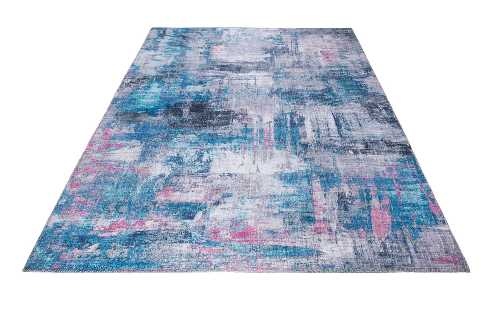 Moderner Teppich in Blau- und Pinktönen, abstraktes Design, Perspektive von schräg oben