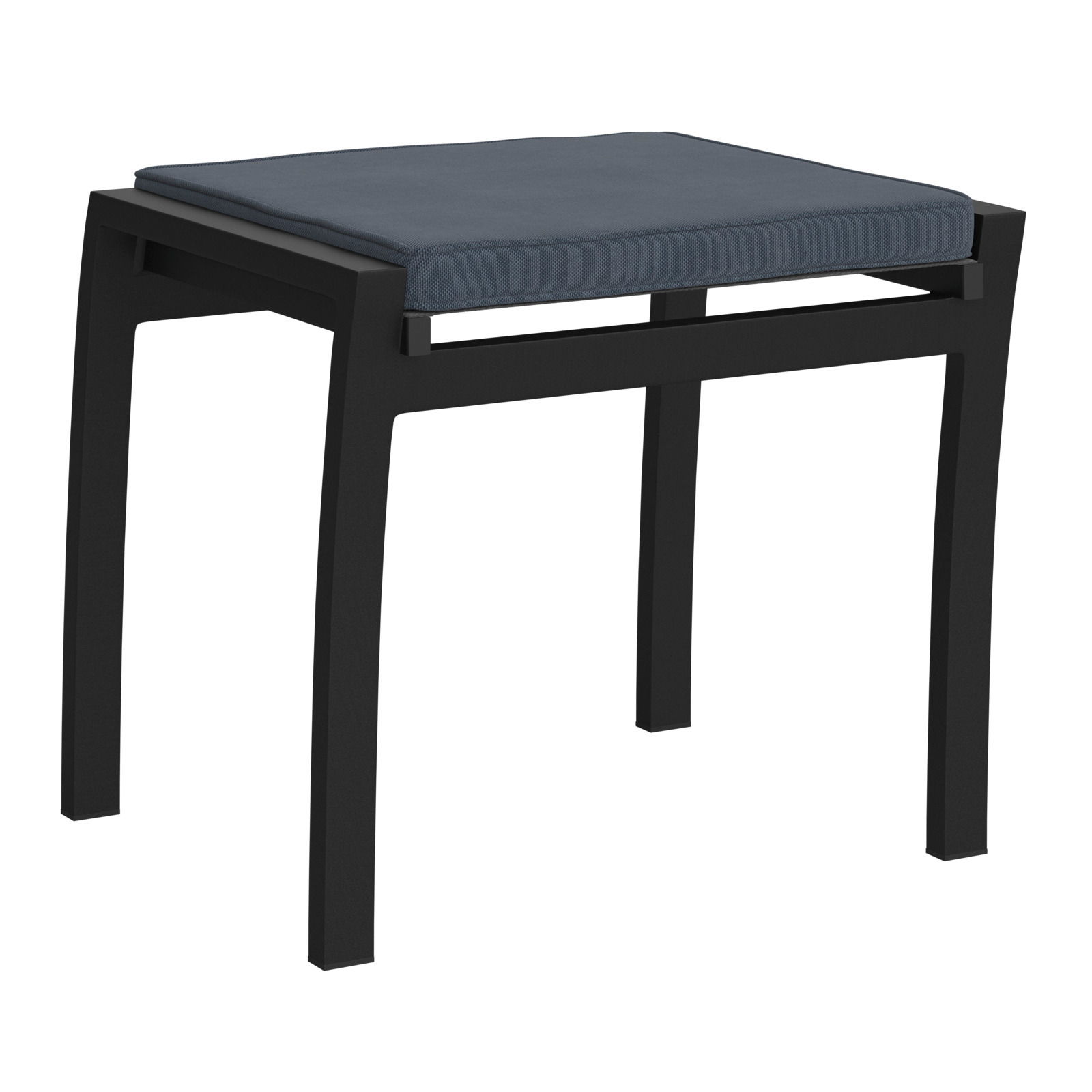 Moderner Hocker mit schwarzem Gestell und blauer Polsterung, seitliche Perspektive