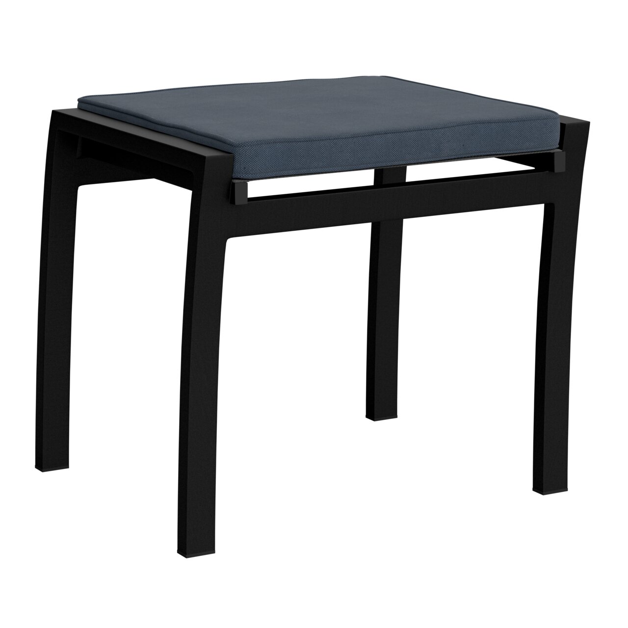 Moderner Hocker mit schwarzem Gestell und blauer Polsterung, seitliche Perspektive