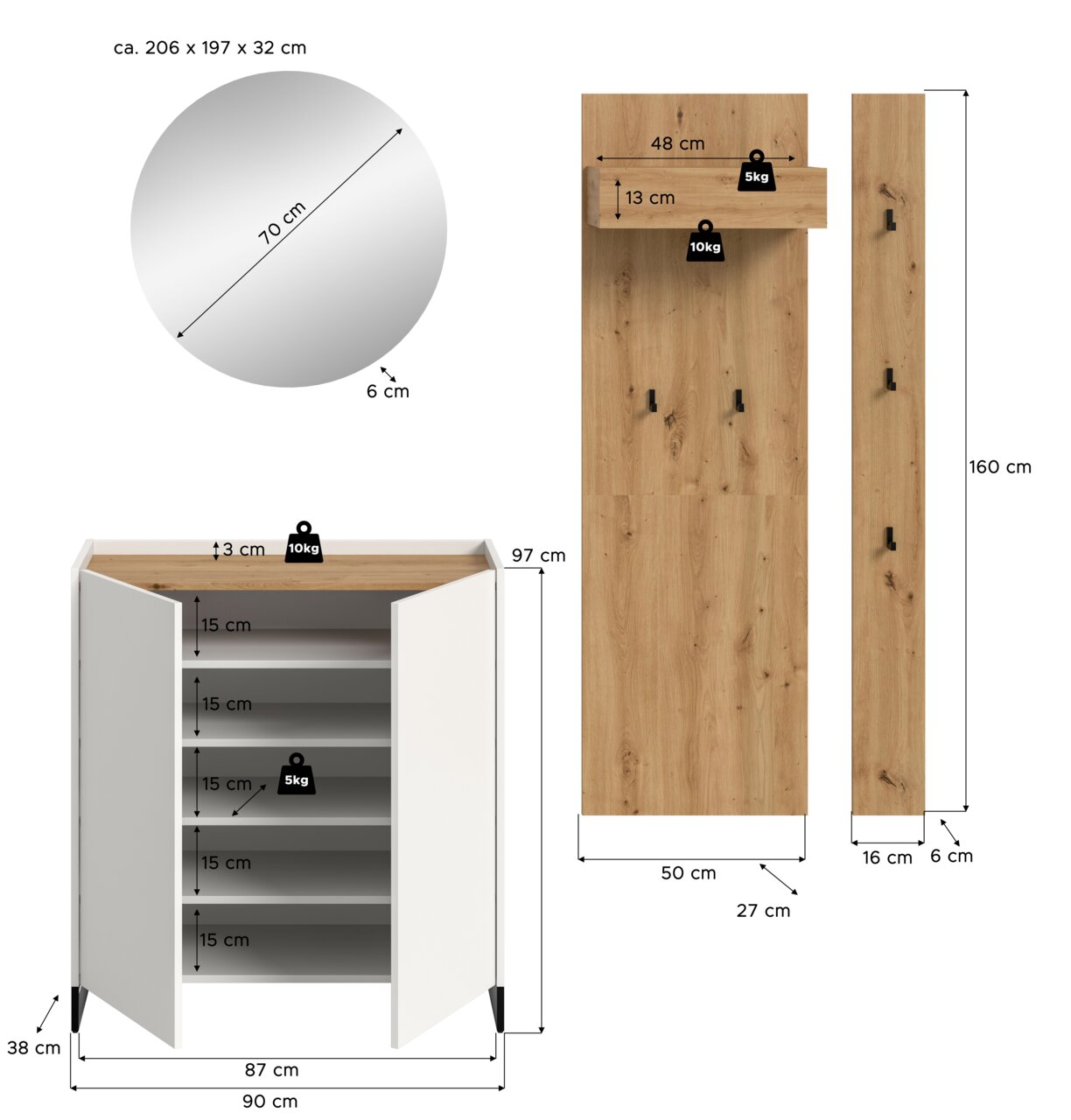 Maßgrafik eines Flurmöbel-Sets: runder Spiegel Ø 70 cm (Tiefe 6 cm), weiße Schuhkommode mit zwei Türen und mehreren Einlegeböden (ca. 90×97×38 cm) sowie Garderobenpaneel in Holzoptik mit Haken (ca. 50×160×16 cm), gezeigt in Front- und Seitenansicht.