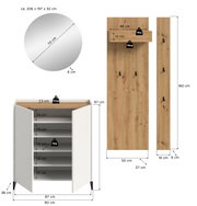 Maßgrafik eines Flurmöbel-Sets: runder Spiegel Ø 70 cm (Tiefe 6 cm), weiße Schuhkommode mit zwei Türen und mehreren Einlegeböden (ca. 90×97×38 cm) sowie Garderobenpaneel in Holzoptik mit Haken (ca. 50×160×16 cm), gezeigt in Front- und Seitenansicht.