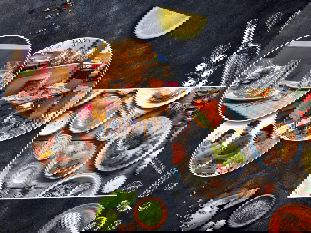 Collage aus Restaurant-Innenraum, gedecktem Tisch, Gästen und Frühstücksgerichten.