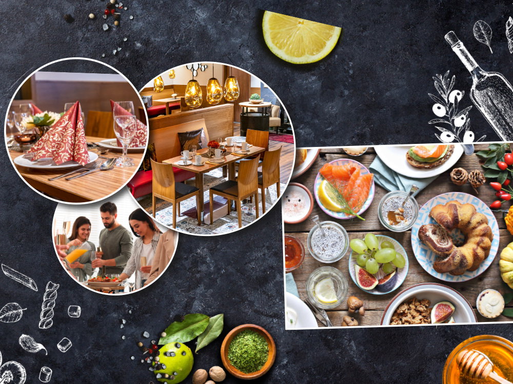 Collage aus Restaurant-Innenraum, gedecktem Tisch, Gästen und Frühstücksgerichten.