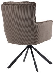 Rückansicht eines Sessels mit geripptem Stoffbezug und schwarzem Metallgestell.