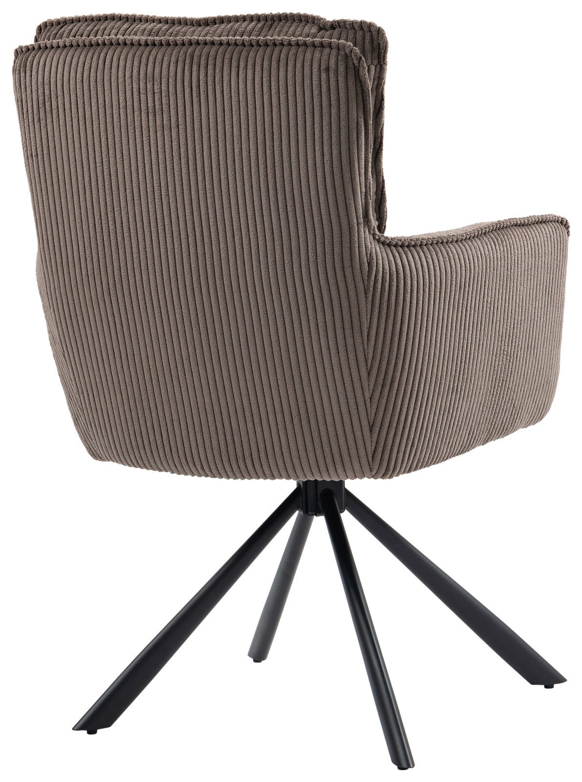 Rückansicht eines Sessels mit geripptem Stoffbezug und schwarzem Metallgestell.