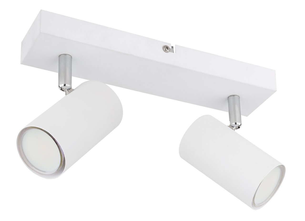 Moderner weißer Strahler mit zwei zylindrischen Leuchten, seitliche Perspektive