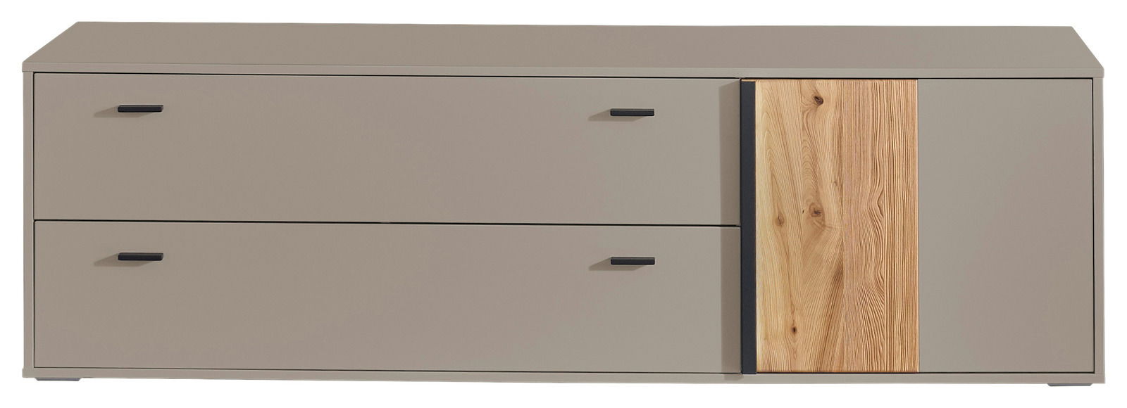 TV-Lowboard in moderner Frontansicht mit zwei Schubladen und einer Holztür, graue Oberfläche mit Holzdetails.