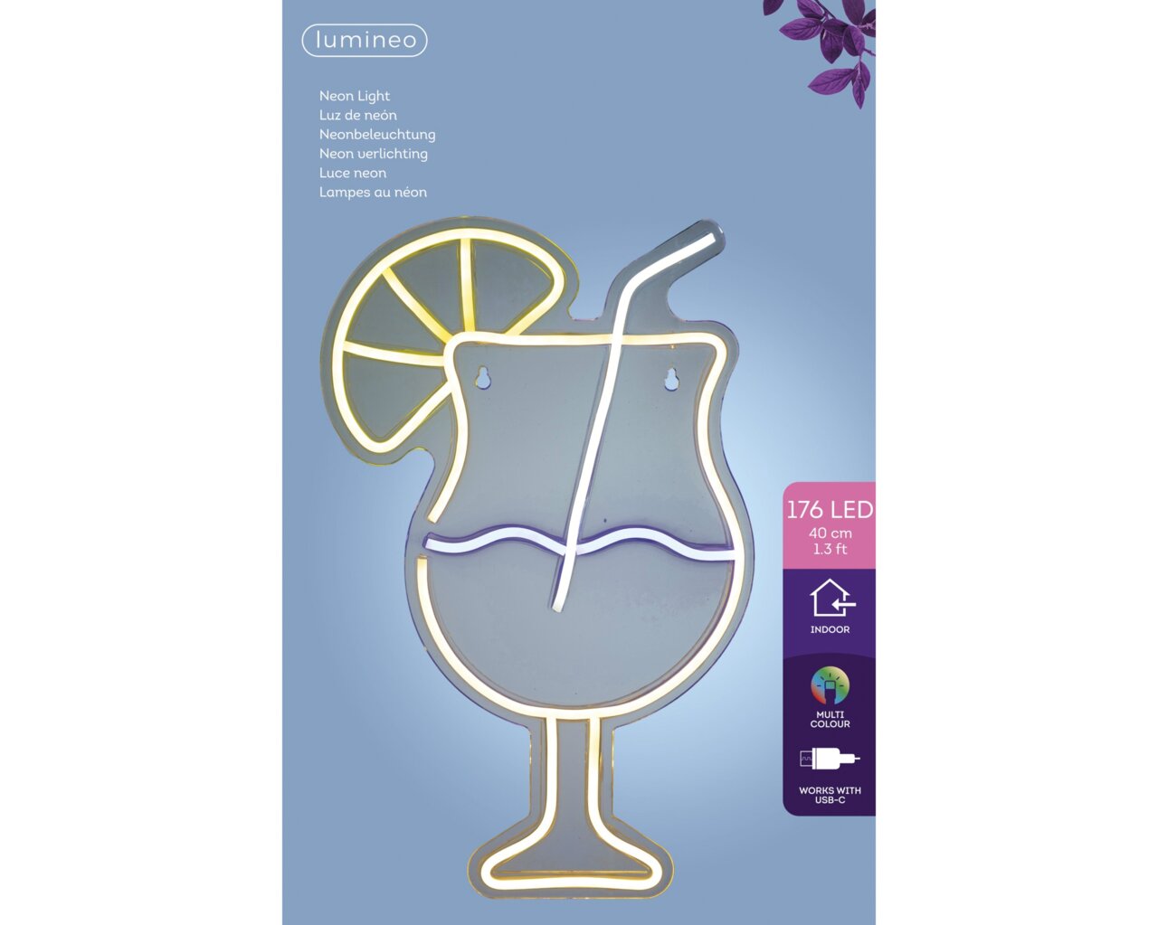 LED-neonlamp in de vorm van een cocktailglas met citroen en rietje, vooraanzicht