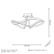 Moderne LED-Deckenleuchte mit geschwungenem Design, seitliche Perspektive, 61 cm Breite, 24 cm Höhe, 27 cm Tiefe, 22W SMD LED, 3000K, 2700lm, >80 CRI.