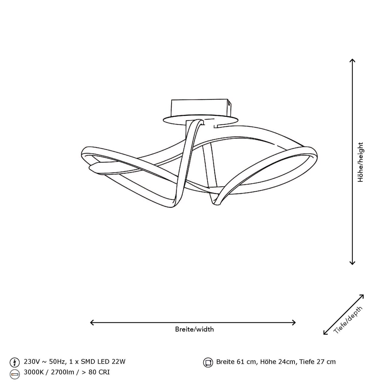 Moderne LED-Deckenleuchte mit geschwungenem Design, seitliche Perspektive, 61 cm Breite, 24 cm Höhe, 27 cm Tiefe, 22W SMD LED, 3000K, 2700lm, >80 CRI.