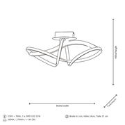 Moderne LED-Deckenleuchte mit geschwungenem Design, seitliche Perspektive, 61 cm Breite, 24 cm Höhe, 27 cm Tiefe, 22W SMD LED, 3000K, 2700lm, >80 CRI.