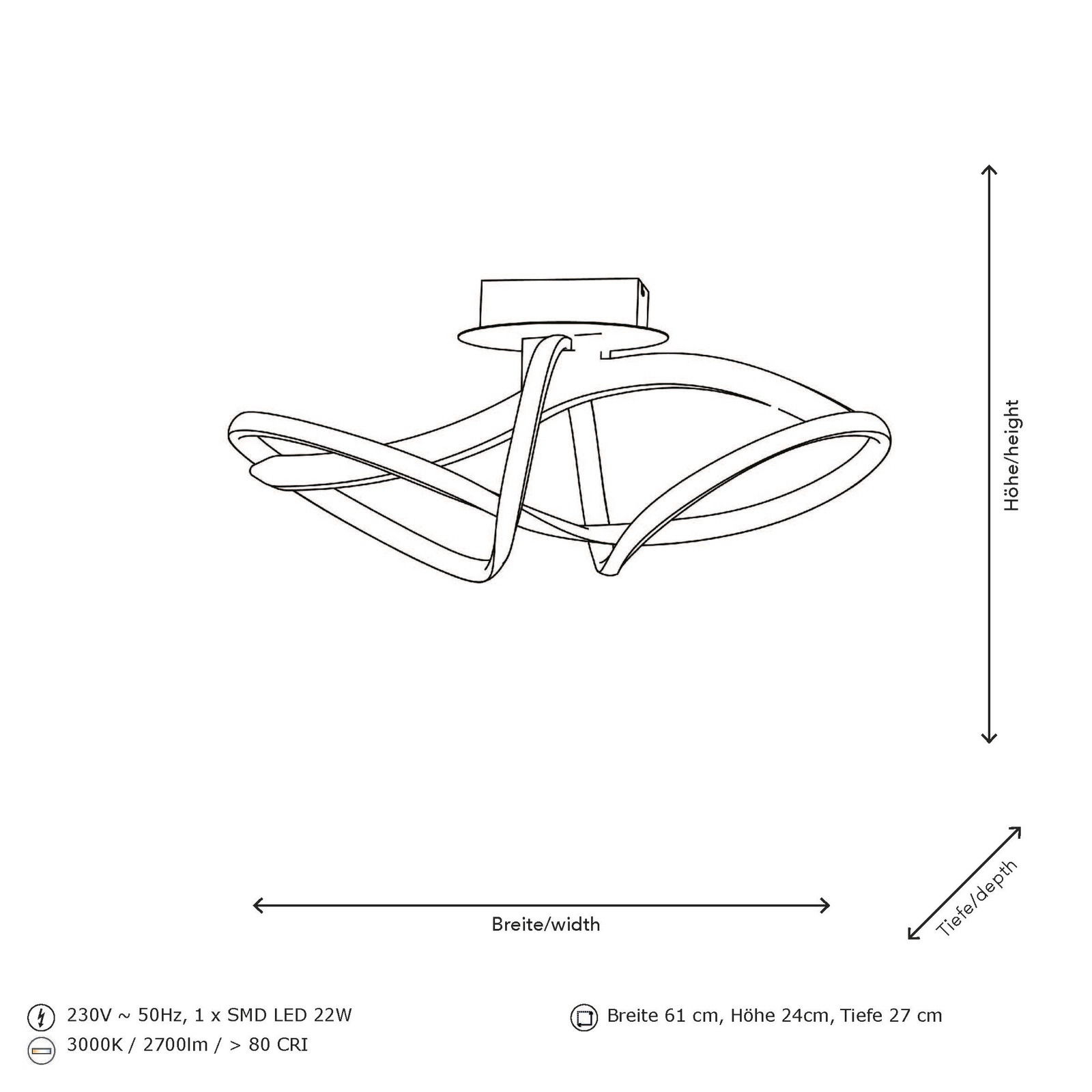 Moderne LED-Deckenleuchte mit geschwungenem Design, seitliche Perspektive, 61 cm Breite, 24 cm Höhe, 27 cm Tiefe, 22W SMD LED, 3000K, 2700lm, >80 CRI.