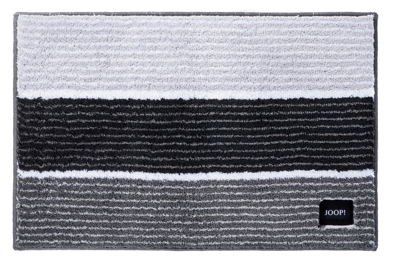 Badteppich mit Streifenmuster in Grau- und Schwarztönen, Draufsicht