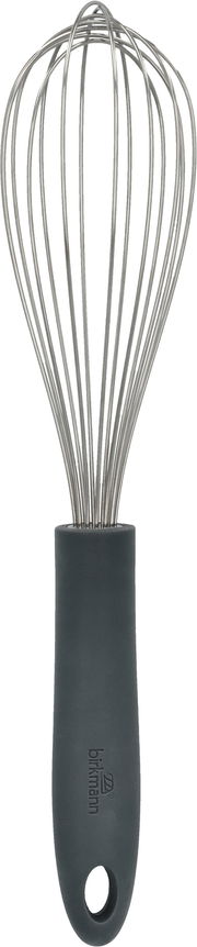 Grauer Schneebesen mit schwarzem Griff, frontal abgebildet