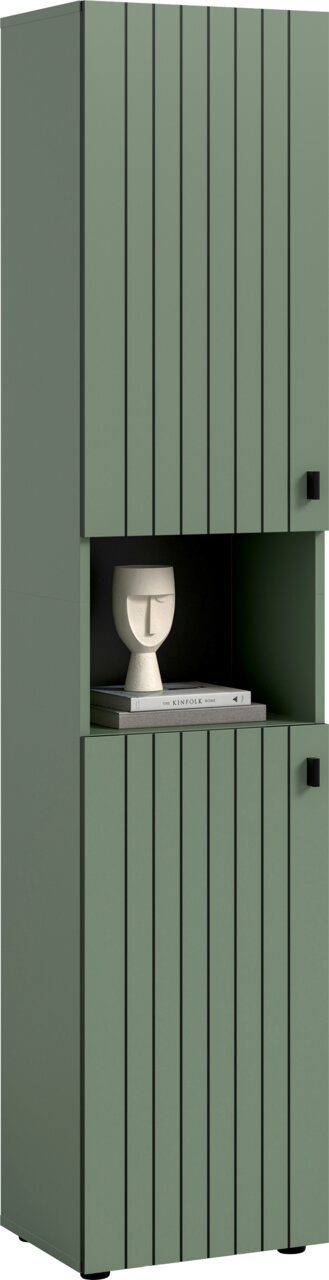 Grüner, hoher Schrank mit vertikalen Lamellenfronten, zwei Türen und offenem Mittelfach mit Dekofigur und Buch, frontale Ansicht