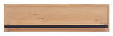 Frontale Ansicht eines Wandregals aus Holz mit schwarzer Leiste.
