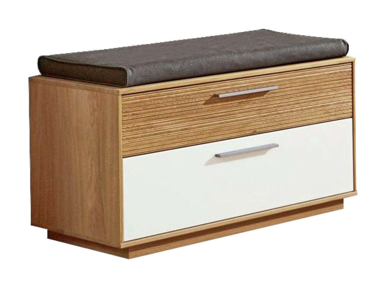 Holzbank mit zwei Schubladen und gepolstertem Sitzkissen, seitliche Perspektive