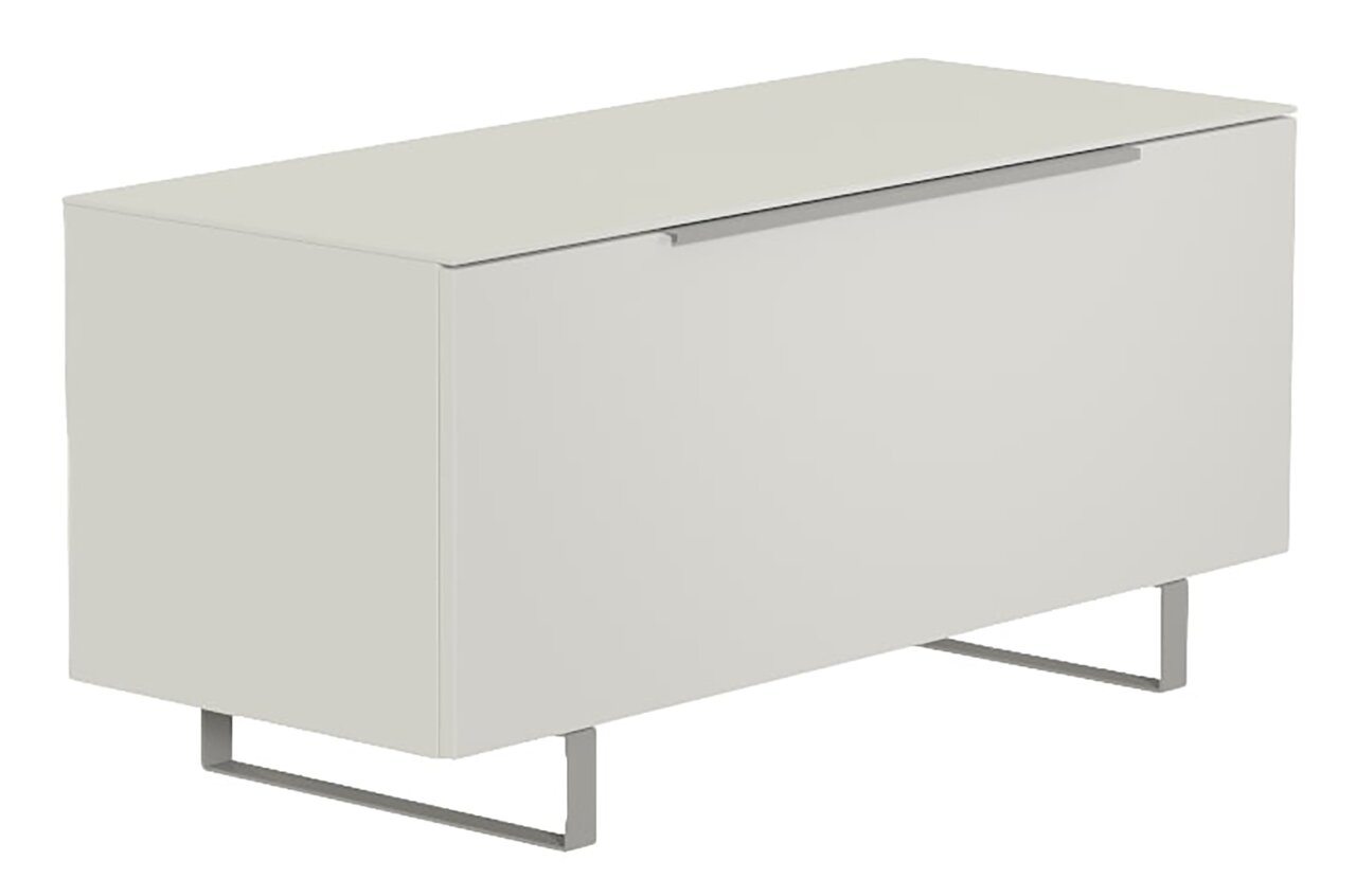 Modernes TV-Lowboard in hellem Grau mit Metallbeinen, seitliche Perspektive