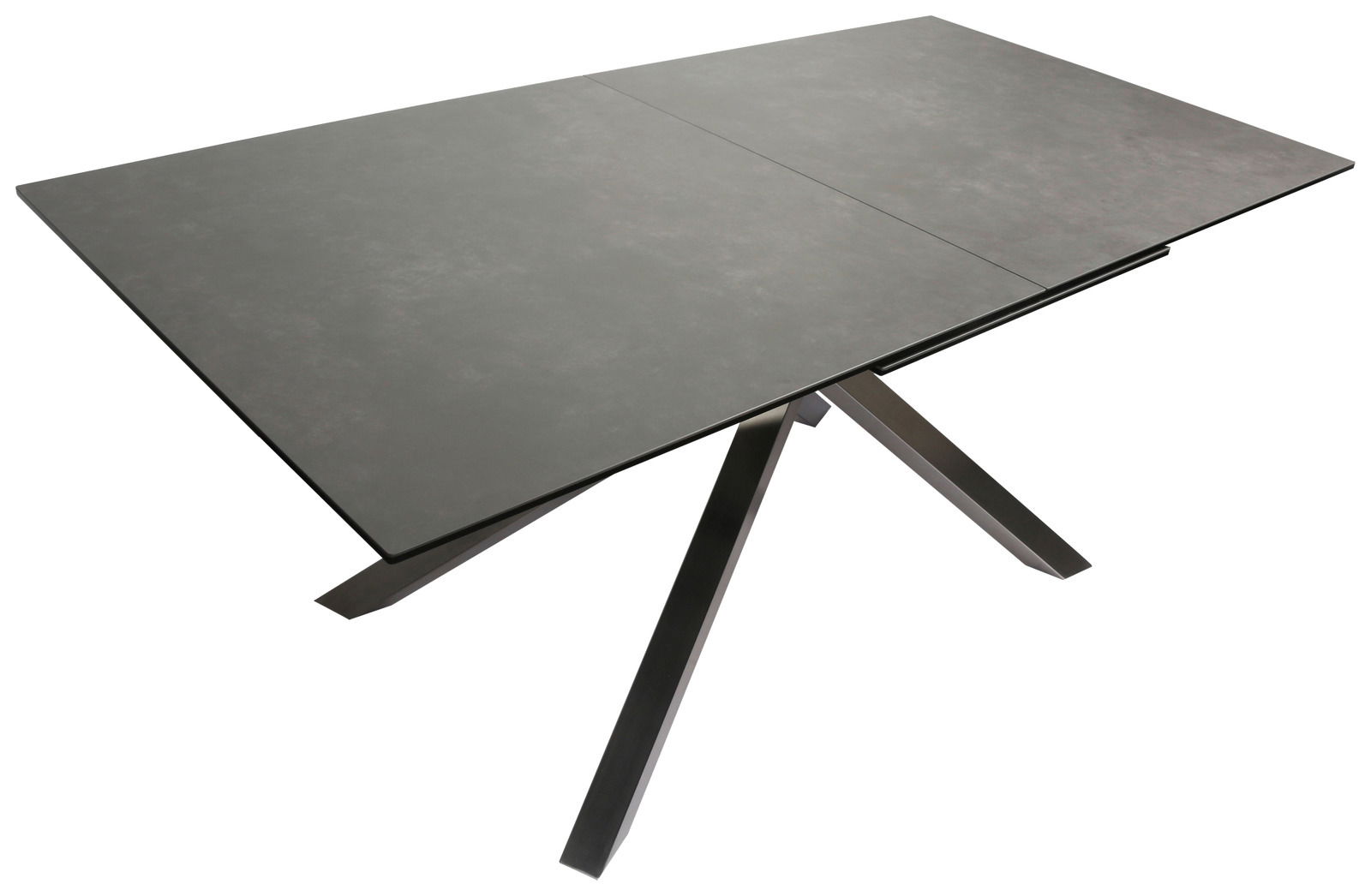 Moderner Esstisch mit dunkler Tischplatte und schrägen Metallbeinen, seitliche Perspektive