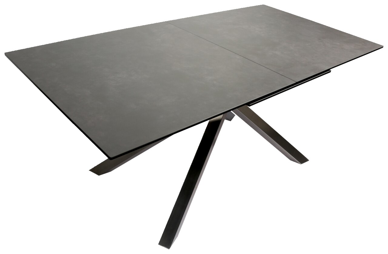 Moderner Esstisch mit dunkler Tischplatte und schrägen Metallbeinen, seitliche Perspektive