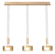 Dreiflammige Pendelleuchte mit drei zylindrischen, amberfarbenen Glasschirmen an Kabelaufhängung und länglicher Deckenleiste, Frontansicht