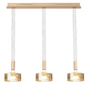 Dreiflammige Pendelleuchte mit drei zylindrischen, amberfarbenen Glasschirmen an Kabelaufhängung und länglicher Deckenleiste, Frontansicht