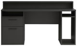 Schwarzer Schreibtisch mit zwei Schubladen und einem offenen Fach, Frontalansicht