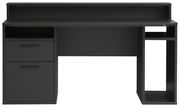 Schwarzer Schreibtisch mit zwei Schubladen und einem offenen Fach, Frontalansicht