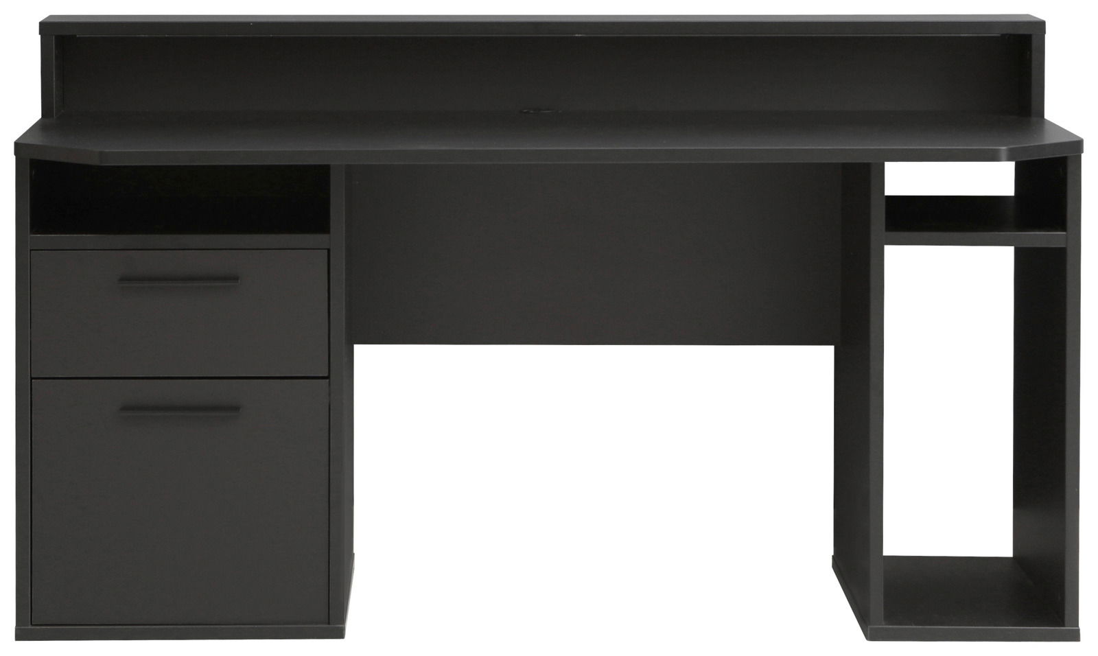 Schwarzer Schreibtisch mit zwei Schubladen und einem offenen Fach, Frontalansicht