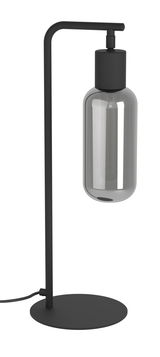 Moderne Tischleuchte MAIONE in schwarzem Metall mit zylindrischem Glaslampenschirm, seitliche Perspektive.