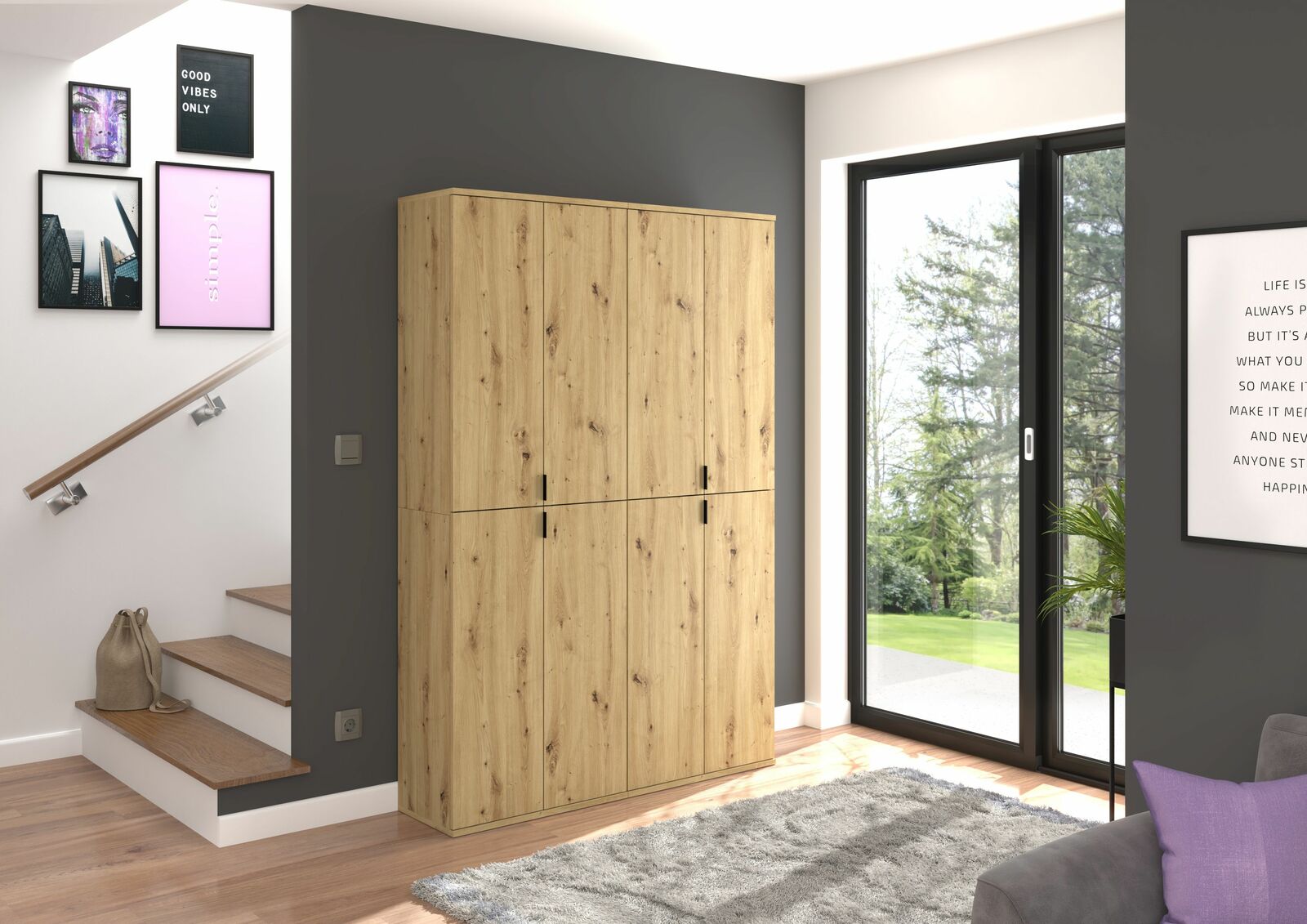 Garderobenkombination aus Holz in einem modernen Wohnzimmer, seitliche Perspektive