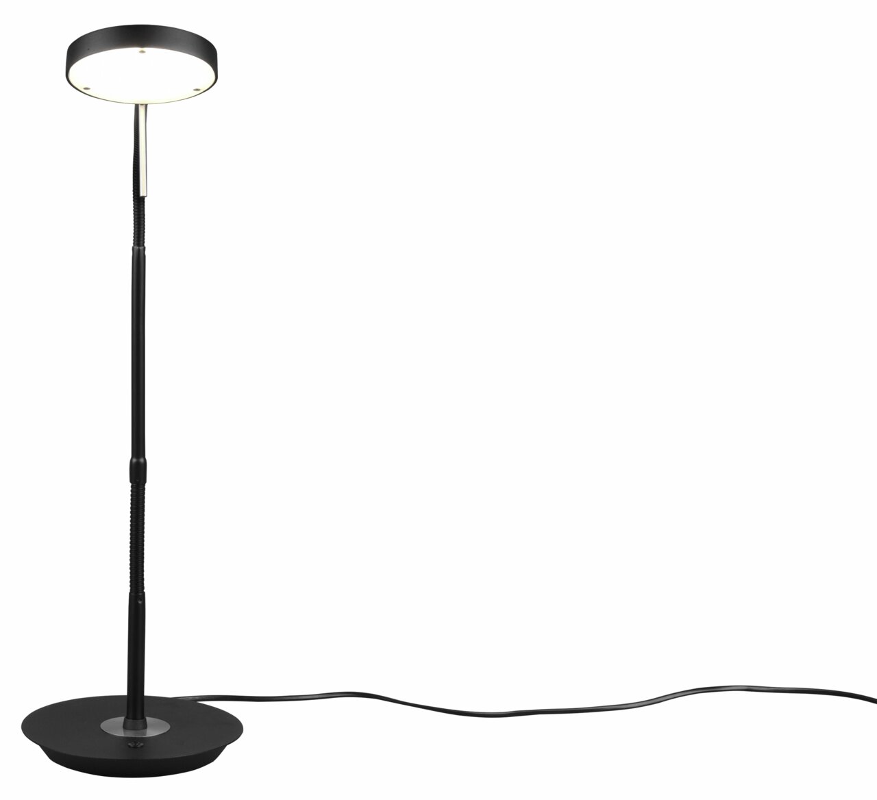 Staande lamp met ronde lampenkap en flexibele arm, zijaanzicht