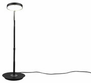 Staande lamp met ronde lampenkap en flexibele arm, zijaanzicht